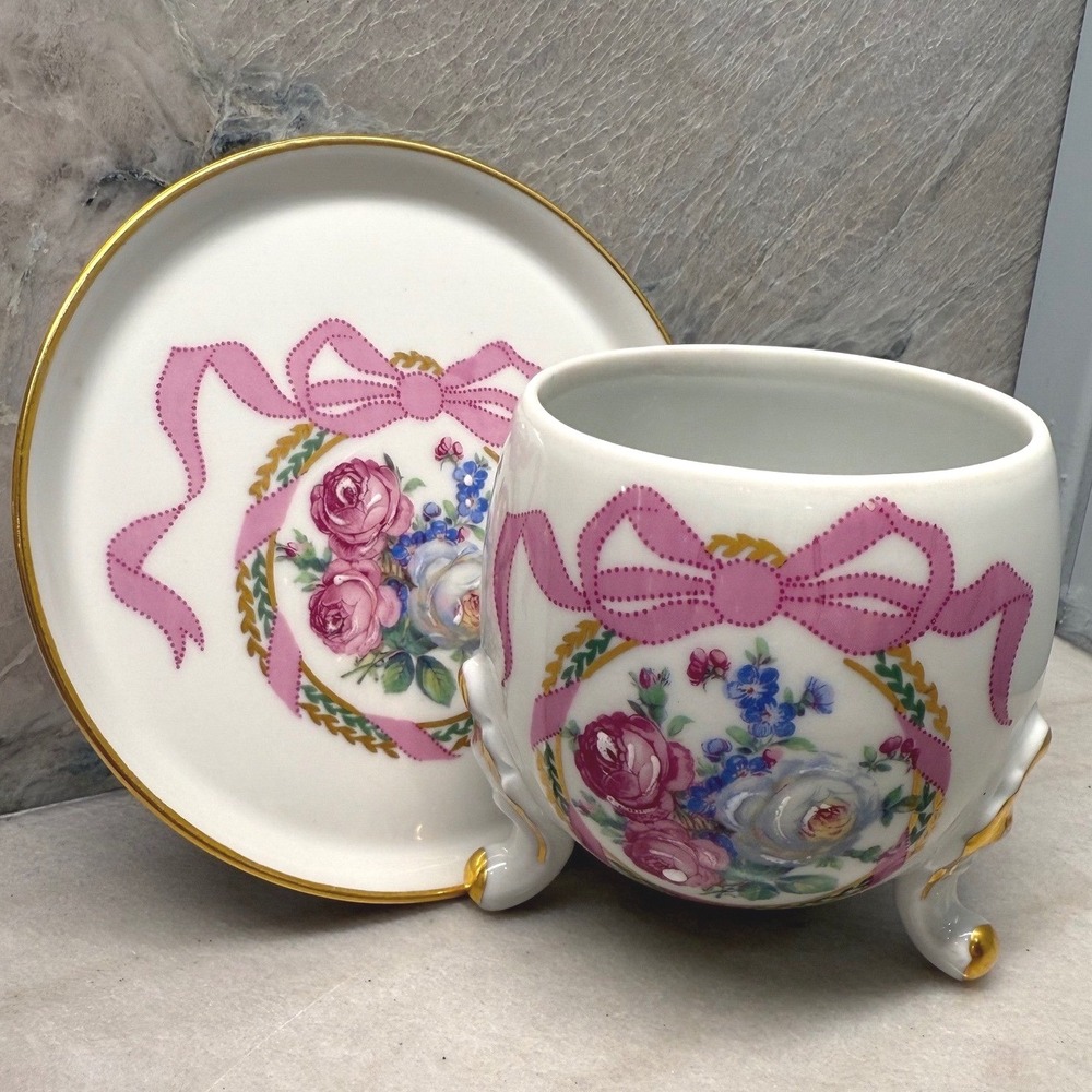 Vintage Limoges France‎ Footed Cachepot & Underplate Pink Ribbon Floral Gold